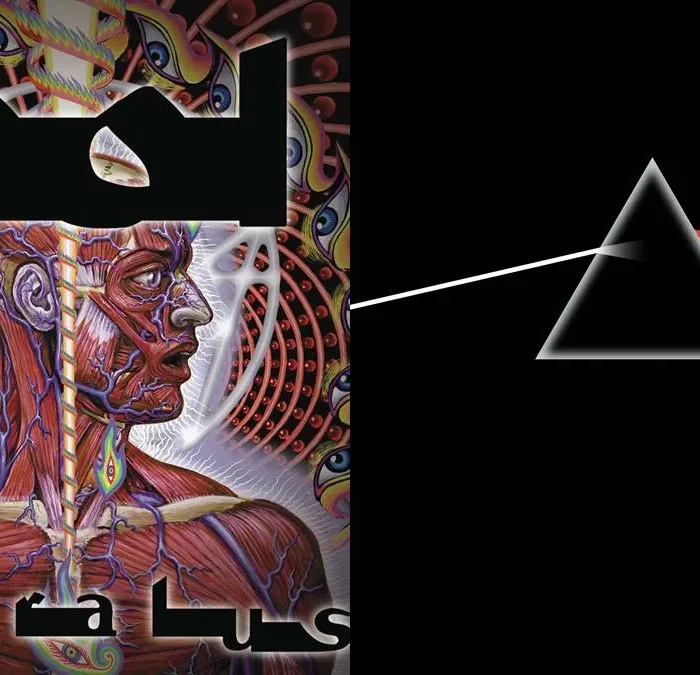 Colagem com as capas dos álbuns "Lateralus" e "Dark Side Of The Moon", respectivamente do Tool e Pink Floyd. Matéria de lista dos discos progressivos obrigatórios.