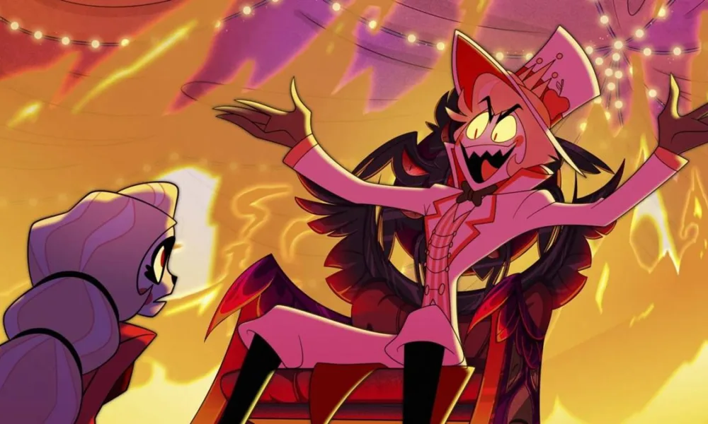 Esta imagem mostra Lúcifer Morningstar interagindo com sua filha, Charlie Morningstar, na série animada Hazbin Hotel.