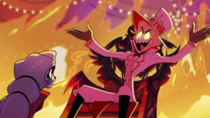 Esta imagem mostra Lúcifer Morningstar interagindo com sua filha, Charlie Morningstar, na série animada Hazbin Hotel.