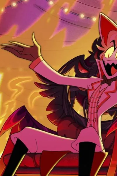 Esta imagem mostra Lúcifer Morningstar interagindo com sua filha, Charlie Morningstar, na série animada Hazbin Hotel.