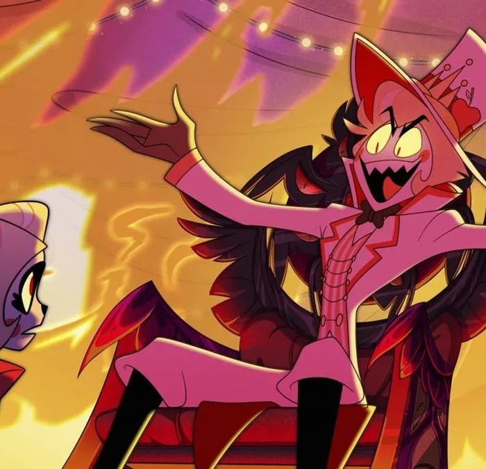 Esta imagem mostra Lúcifer Morningstar interagindo com sua filha, Charlie Morningstar, na série animada Hazbin Hotel.