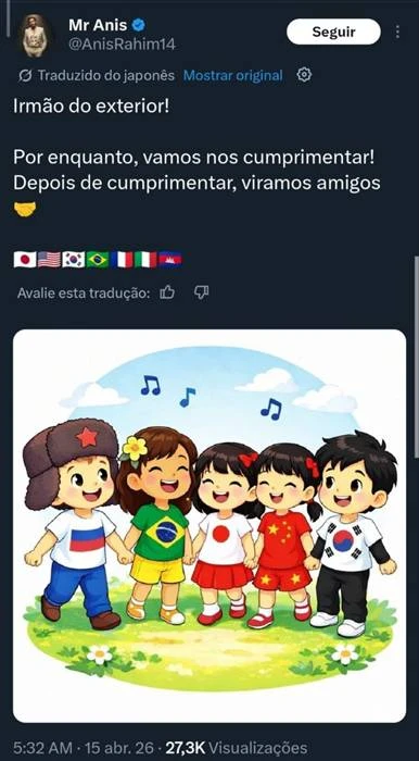 Tweet traduzido do japonês exibindo nova ferramenta do twitter de tradução automática. Usuário celebra união com brasileiros.