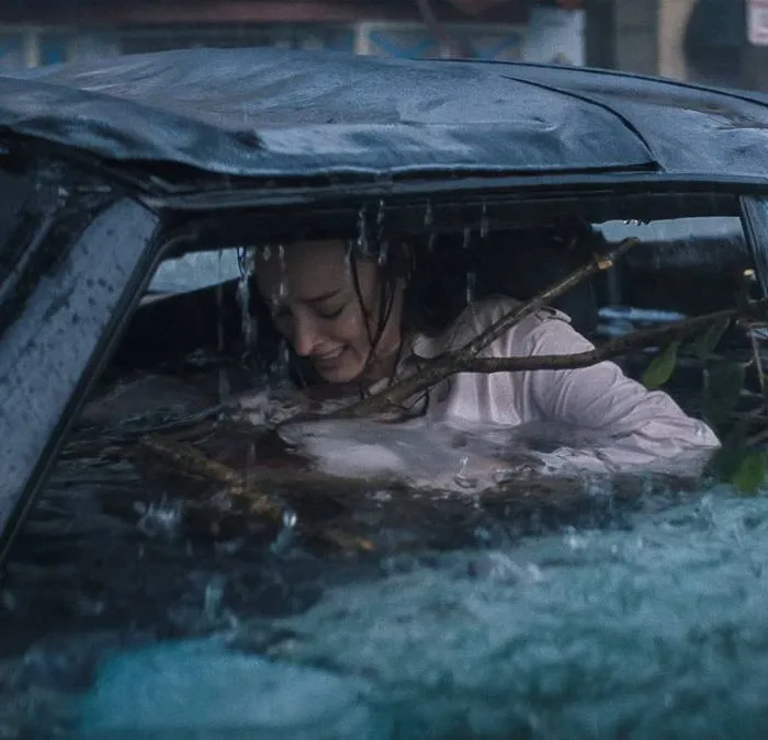 Phoebe Dynevor como Lisa Fields em "Ataque Brutal". Personagem está ensopada dentro de carro, um galho enorme entrando dentro do carro, e ela desesperada.