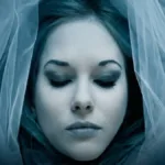 Imagem horizontal com a capa do livro "A garota do lago" em destaque, sem nada escrito. Garota com pele pálida, filtro azul, coberta por um véu, de maquiagem azul/cinza e olhos fechados.