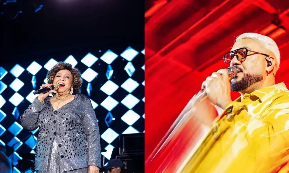 Colagem com fotos de Alcione (esquerda) e Belo (direita) em apresentações diferentes. Cantores se apresentaram cantando o hino nacional antes do amistoso Brasil e Panamá nesse 31/05/2026.