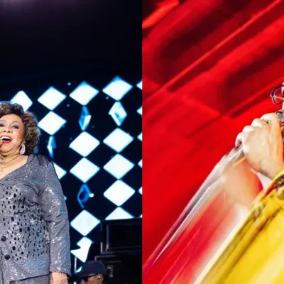 Colagem com fotos de Alcione (esquerda) e Belo (direita) em apresentações diferentes. Cantores se apresentaram cantando o hino nacional antes do amistoso Brasil e Panamá nesse 31/05/2026.