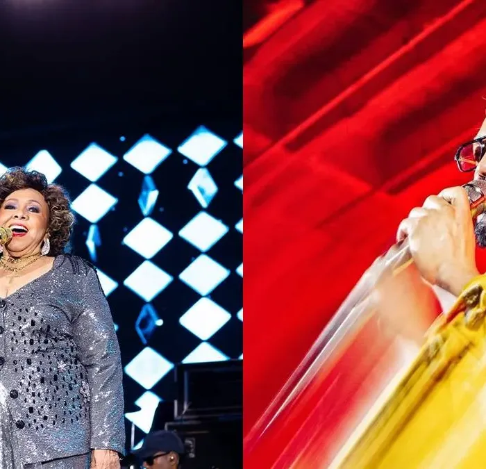 Colagem com fotos de Alcione (esquerda) e Belo (direita) em apresentações diferentes. Cantores se apresentaram cantando o hino nacional antes do amistoso Brasil e Panamá nesse 31/05/2026.