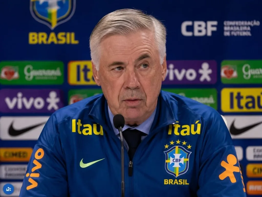 Carlo Ancelotti, expressão neutra, em coletiva de imprensa com camisa técnica da CBF. Imagem gerada por IA.