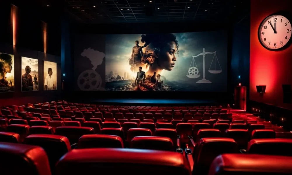 Sala de cinema com poltronas vermelhas, à esquerda vários pôsteres, e na tela principal o que parece ser um pôster de divulgação, mas são vários personagens arquetípicos de cinema. À esquerda a figura do Brasil e da direita da balança da justiça.