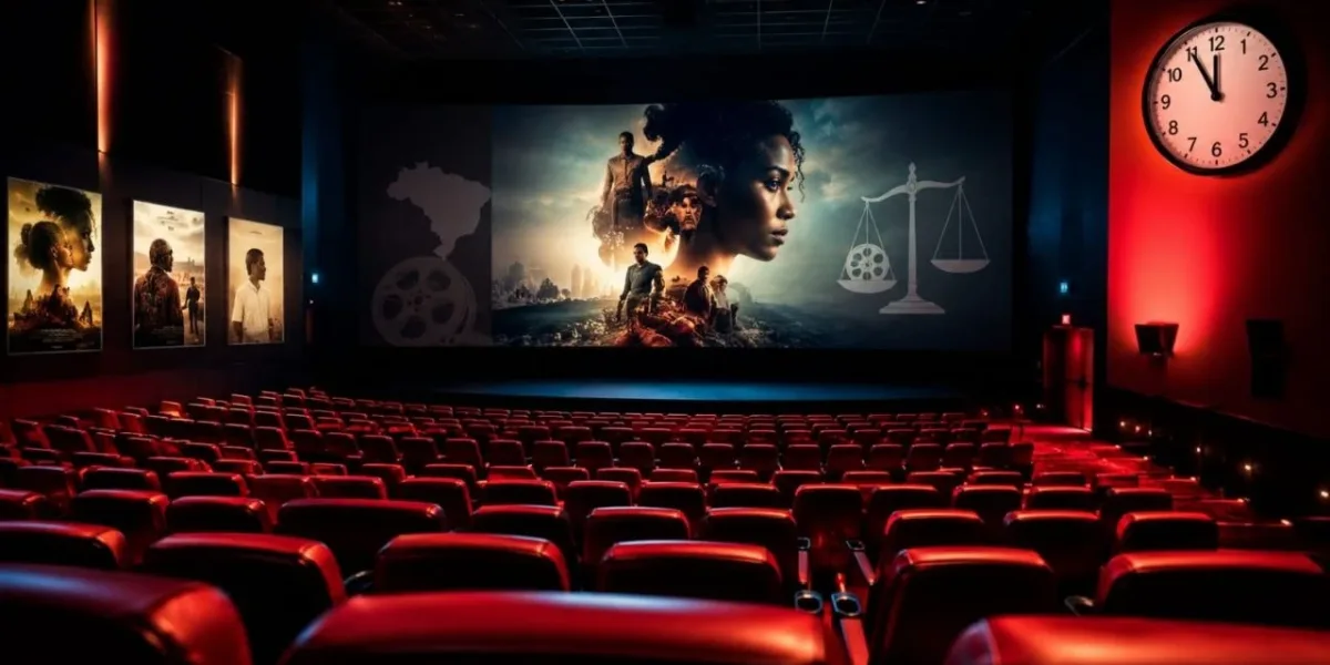 Sala de cinema com poltronas vermelhas, à esquerda vários pôsteres, e na tela principal o que parece ser um pôster de divulgação, mas são vários personagens arquetípicos de cinema. À esquerda a figura do Brasil e da direita da balança da justiça.