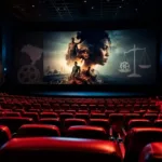 Sala de cinema com poltronas vermelhas, à esquerda vários pôsteres, e na tela principal o que parece ser um pôster de divulgação, mas são vários personagens arquetípicos de cinema. À esquerda a figura do Brasil e da direita da balança da justiça.