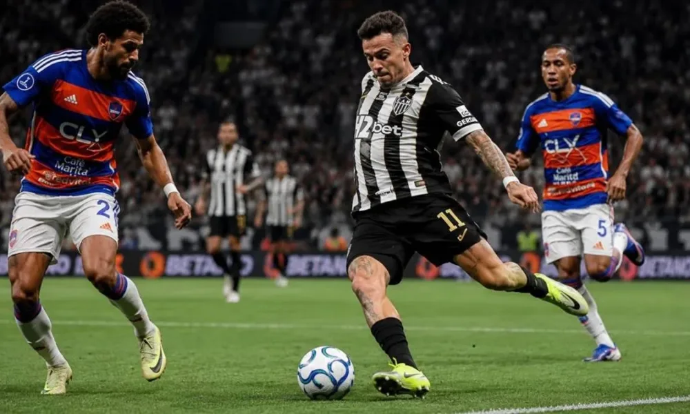 Atlético Mineiro em partida, com posse de bola. Imagem gerada por IA.