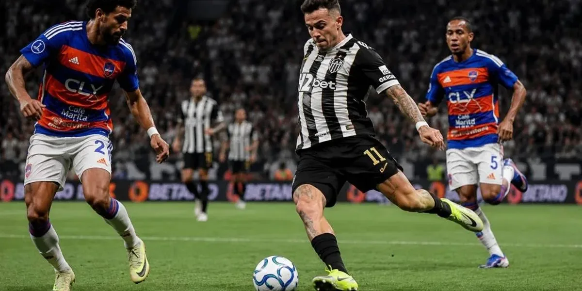 Do Risco à Liderança: o Atlético Respira na Sul-Americana Atlético Mineiro em partida, com posse de bola. Imagem gerada por IA.