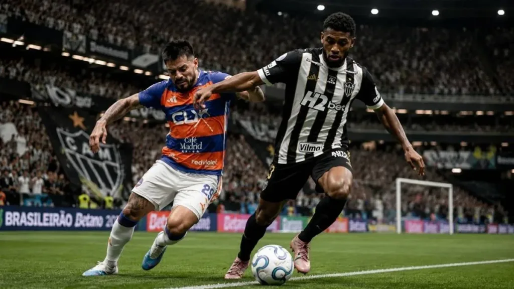 Do Risco à Liderança: o Atlético Respira na Sul-Americana 1 Atlético Mineiro em partida, com posse de bola. Imagem gerada por IA.