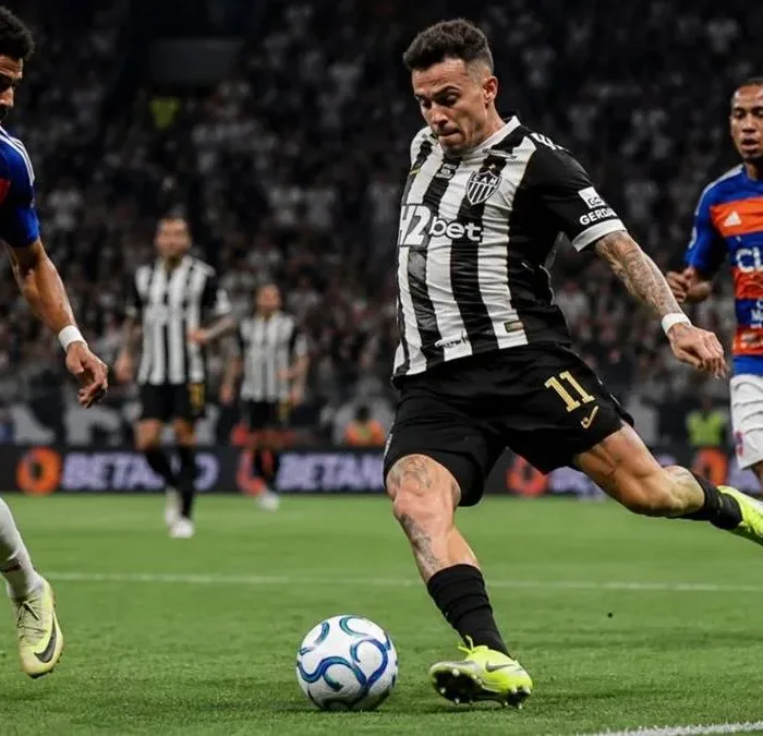 Atlético Mineiro em partida, com posse de bola. Imagem gerada por IA.