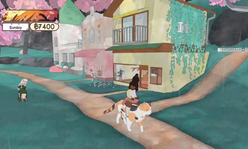Este jogo é Calico, um simulador comunitário focado em reconstruir o café de gatos da cidade. Personagem explora área exterior em cima de gato na imagem.