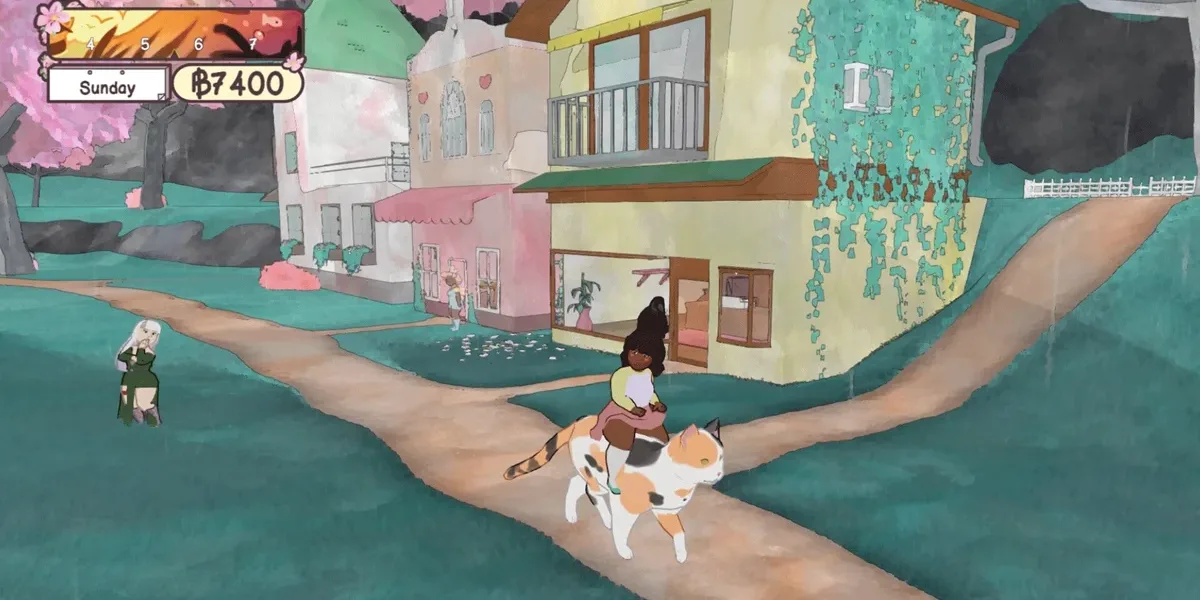 Epic Games Libera Calico e LONESTAR Grátis por Tempo Limitado Nesta Quinta-feira Este jogo é Calico, um simulador comunitário focado em reconstruir o café de gatos da cidade. Personagem explora área exterior em cima de gato na imagem.