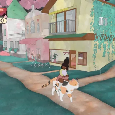 Este jogo é Calico, um simulador comunitário focado em reconstruir o café de gatos da cidade. Personagem explora área exterior em cima de gato na imagem.