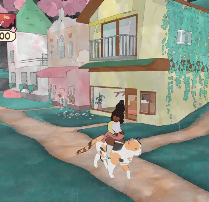 Este jogo é Calico, um simulador comunitário focado em reconstruir o café de gatos da cidade. Personagem explora área exterior em cima de gato na imagem.