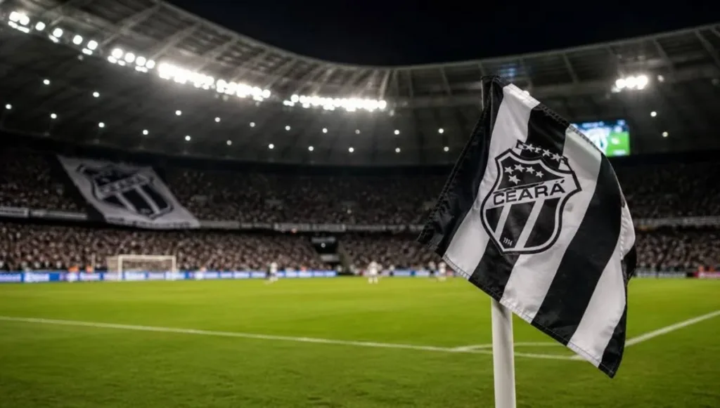 Ceará Inicia Preparação Para Duelo Contra o Botafogo/SP no Castelão 1 Bandeira do Ceará em riste em campo de futebol de noite durante partida, em destaque. Imagem gerada por IA.