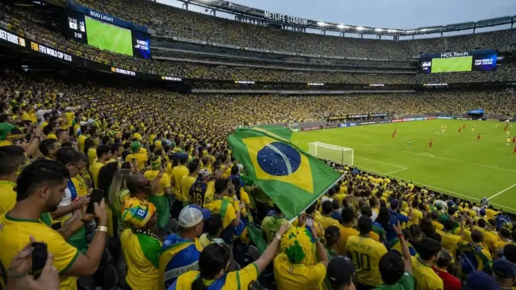 Uma Copa Diferente | Veja Tudo Sobre a Primeira Copa do Mundo com Três Sedes e 48 Seleções 2 Vista de estádio da copa a partir da torcida do Brasil. Imagem gerada por IA.