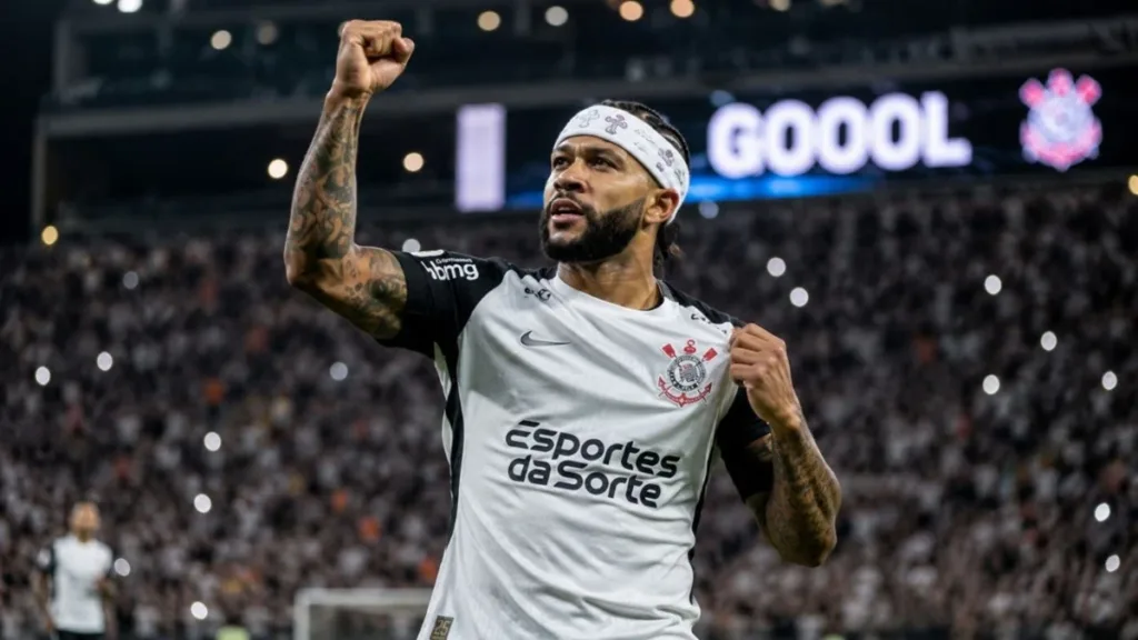 Corinthians Bate O Martelo Sobre Memphis Depay E Holandês Deixa O Clube 1 Corinthians para as oitavas de final da Copa do Brasil 2026. Memphis Depay em destaque. Imagem gerada por IA.