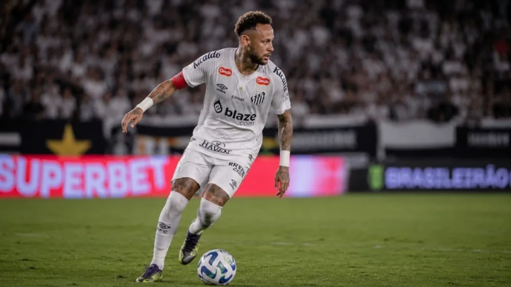 Santos para as oitavas de final da Copa do Brasil 2026, com posse da bola com Neymar. Imagem gerada por IA.