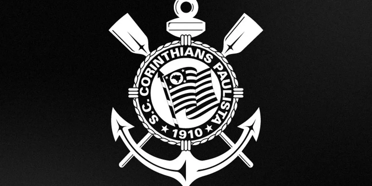 Brasão do Corinthians em branco em destaque sobre fundo preto.