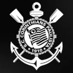 Brasão do Corinthians em branco em destaque sobre fundo preto.