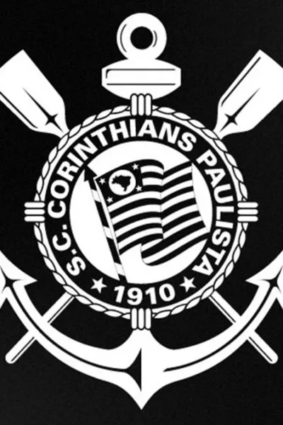 Brasão do Corinthians em branco em destaque sobre fundo preto.