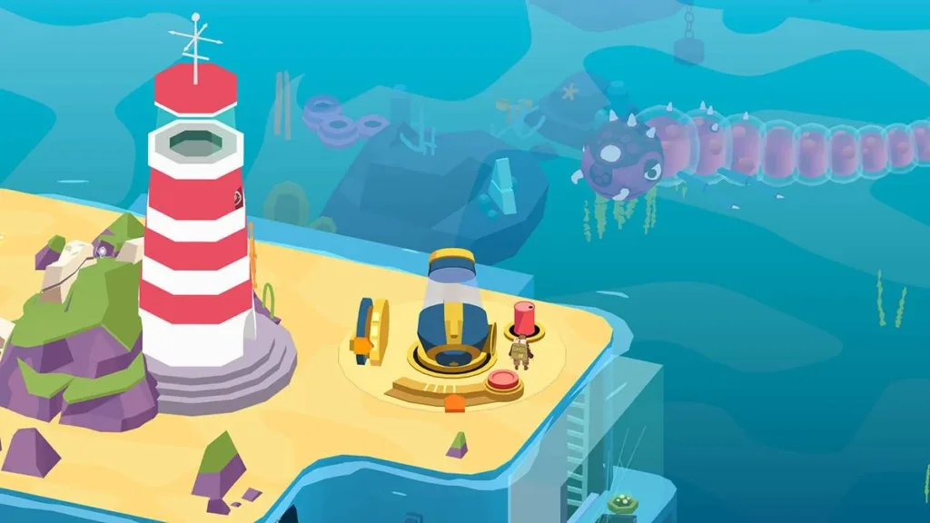Jogo 'Down in Bermuda', vista de praia com canhão, mar translúcido ao fundo, e farol à esquerda em ambiente cartunesco.