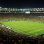 Estádio com torcida quase toda em verde amarelo. Imagem gerada por IA.