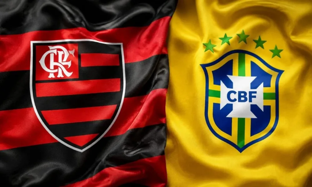 Escudo do Flamengo (esquerda) e da CBF (direita) costurados. Imagem gerada por IA.