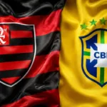 Escudo do Flamengo (esquerda) e da CBF (direita) costurados. Imagem gerada por IA.