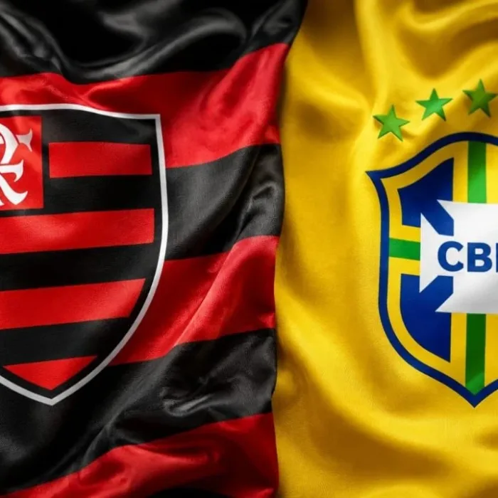 Escudo do Flamengo (esquerda) e da CBF (direita) costurados. Imagem gerada por IA.