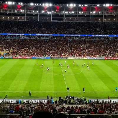 Fotografia do jogo Flamengo vs. Estudiantes de La Plata. Gramado centralizado.