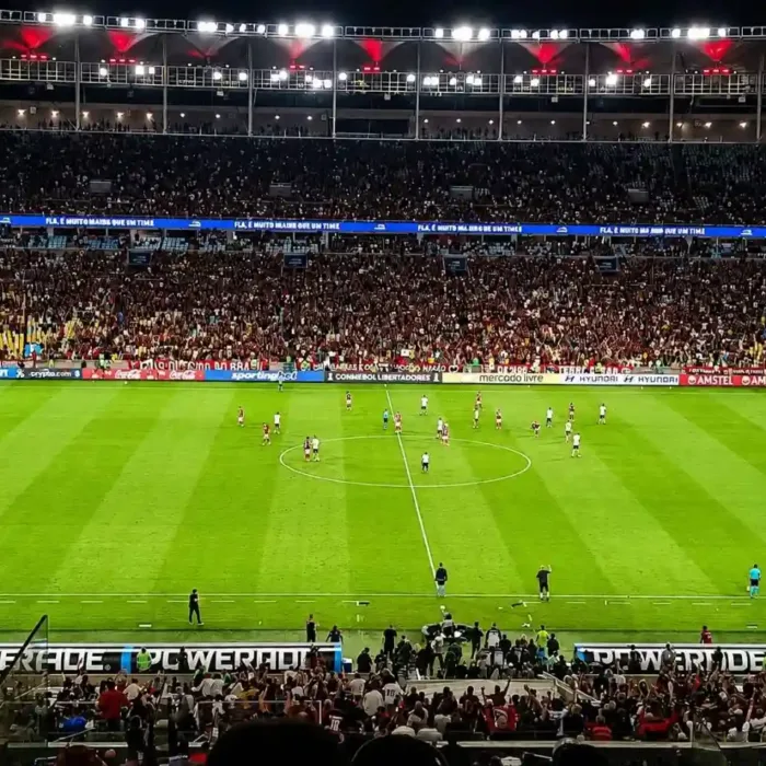 Fotografia do jogo Flamengo vs. Estudiantes de La Plata. Gramado centralizado.