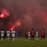 Confusão com sinalizadores durante partida do Flamengo vs. Independiente Medellín pela Libertadores 2026. Conmebol confirmou vitória do Flamengo por W.O.