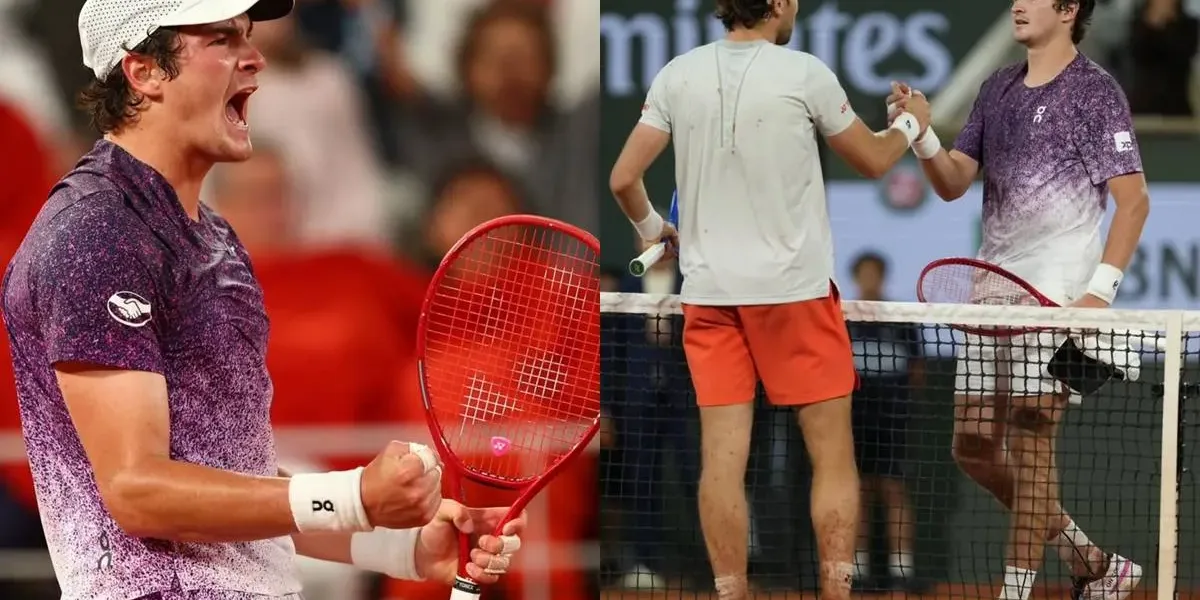 Roland Garros 2026 | João Fonseca Vence Hoje Mais Facilmente e Está nas 4ªs de Final do Torneio Colagem com fotos de João Fonseca, comemorando com sua raquete na mão esquerda, a vitória contra o tenista Casper Ruud, quem ele cumprimenta na foto à direita, em Roland Garros 2026.