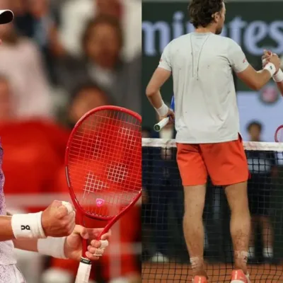 Colagem com fotos de João Fonseca, comemorando com sua raquete na mão esquerda, a vitória contra o tenista Casper Ruud, quem ele cumprimenta na foto à direita, em Roland Garros 2026.