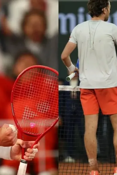 Colagem com fotos de João Fonseca, comemorando com sua raquete na mão esquerda, a vitória contra o tenista Casper Ruud, quem ele cumprimenta na foto à direita, em Roland Garros 2026.