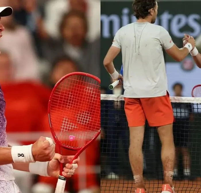 Colagem com fotos de João Fonseca, comemorando com sua raquete na mão esquerda, a vitória contra o tenista Casper Ruud, quem ele cumprimenta na foto à direita, em Roland Garros 2026.