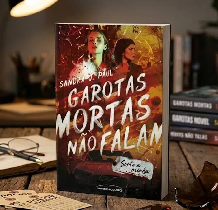 Livro "Garotas Mortas Não Falam" de Sandra J. Paul em destaque de pé em meio a mesa de madeira, livros outros da autora são vistos ao fundo. Há um caco de vidro em destaque também. Imagem gerada por IA.