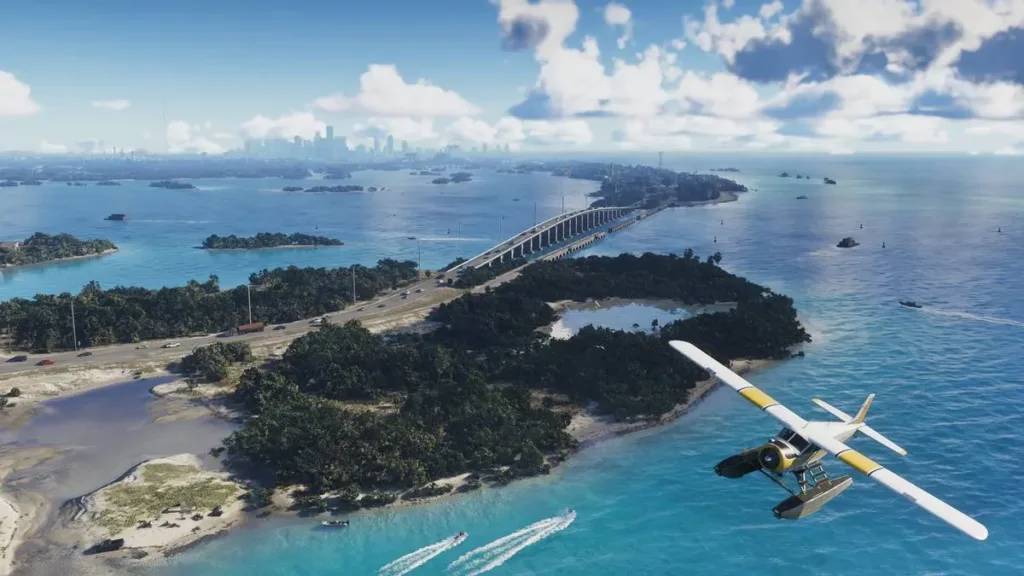 Esta imagem é uma captura de tela do jogo Grand Theft Auto VI. Localização: A cena retrata Leonida Keys, uma área inspirada nos arquipélagos da Flórida, como as Florida Keys, situadas no estado fictício de Leonida.