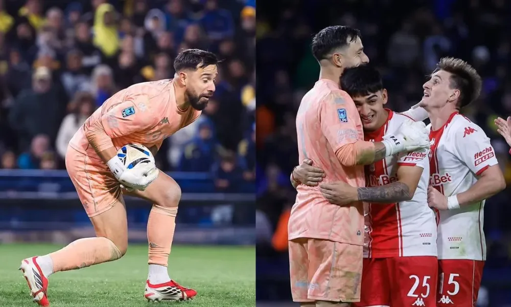 Colagem com duas fotos da partida do Boca Juniors vs Huracán, com vitória do Huracán por 3 a 2 no dia 9 de maio de 2026 na Bombonera.