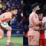 Colagem com duas fotos da partida do Boca Juniors vs Huracán, com vitória do Huracán por 3 a 2 no dia 9 de maio de 2026 na Bombonera.