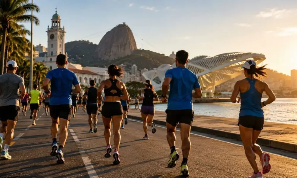Meia Maratona de Porto Maravilha. Corredores fazem prova no Rio com Corcovado ao fundo. Imagem gerada por IA.