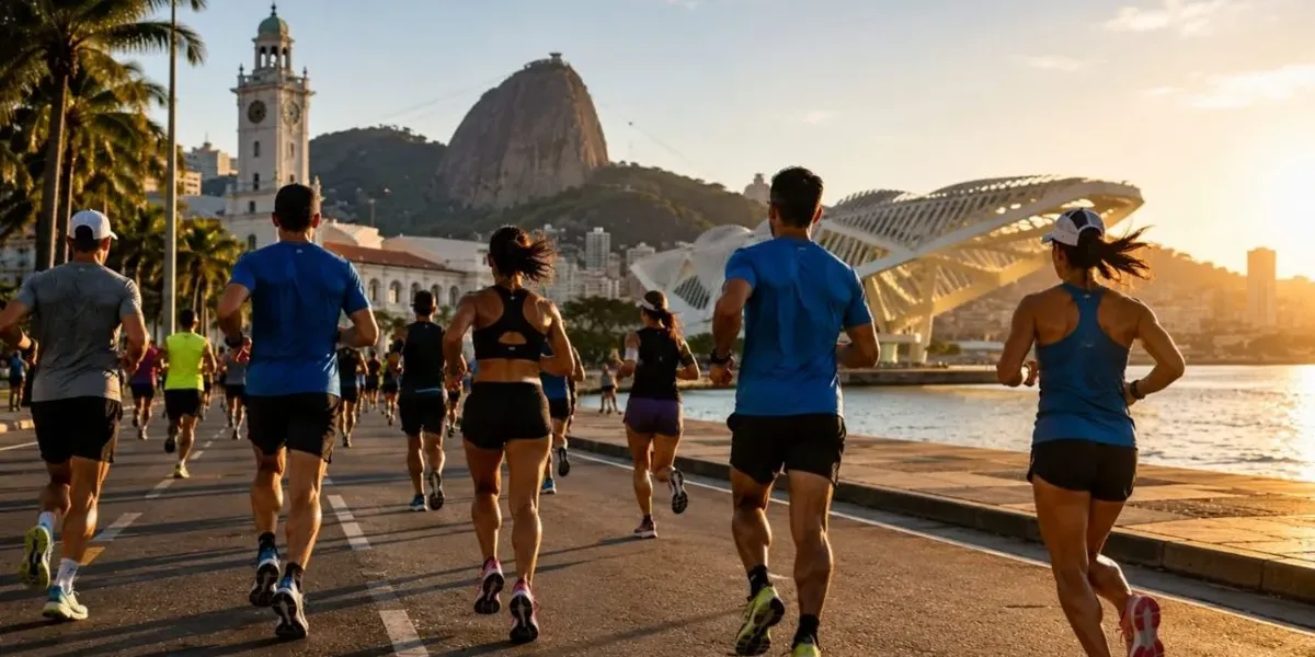 Meia Maratona de Porto Maravilha. Corredores fazem prova no Rio com Corcovado ao fundo. Imagem gerada por IA.