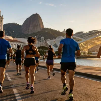 Meia Maratona de Porto Maravilha. Corredores fazem prova no Rio com Corcovado ao fundo. Imagem gerada por IA.