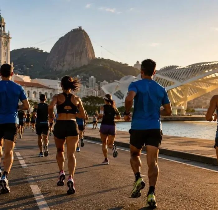 Meia Maratona de Porto Maravilha. Corredores fazem prova no Rio com Corcovado ao fundo. Imagem gerada por IA.